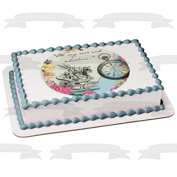 Round Truly Alice White Rabbit Tea Party Birthday Edible Cake Topper Image ABPID50241