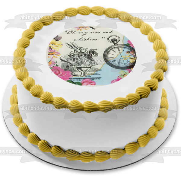 Round Truly Alice White Rabbit Tea Party Birthday Edible Cake Topper Image ABPID50241