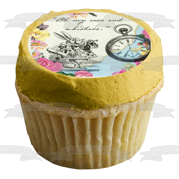 Round Truly Alice White Rabbit Tea Party Birthday Edible Cake Topper Image ABPID50241