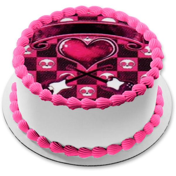 Pink Rockin Hottie Logo Skulls Hearty Guitars Edible Cake Topper Image ABPID49866