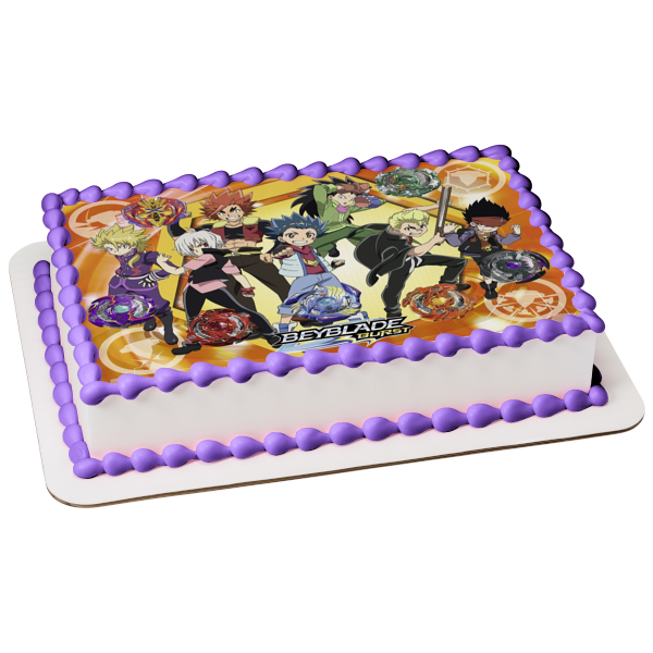 Beyblade Burst Battle Vault Aoi Wakiya Murasaki Shu Kurenai Rantaro Kiyama Daigo Kurogami Edible Cake Topper Image ABPID50401