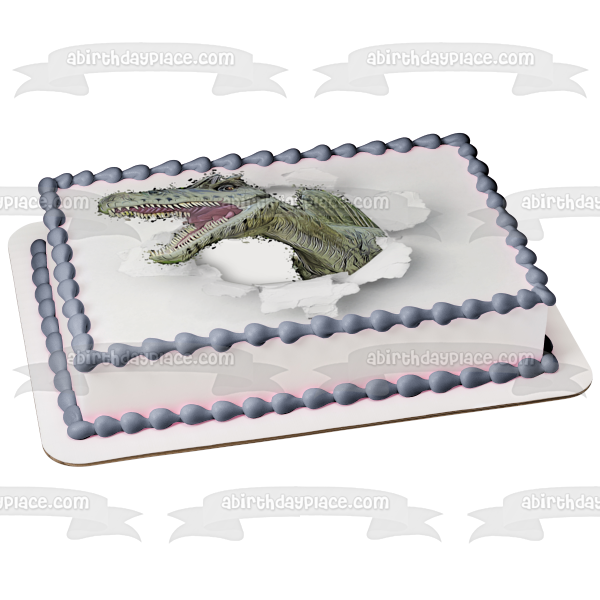 Cartoon Dinosaur Ripping Through White Wall Edible Cake Topper Image ABPID50270