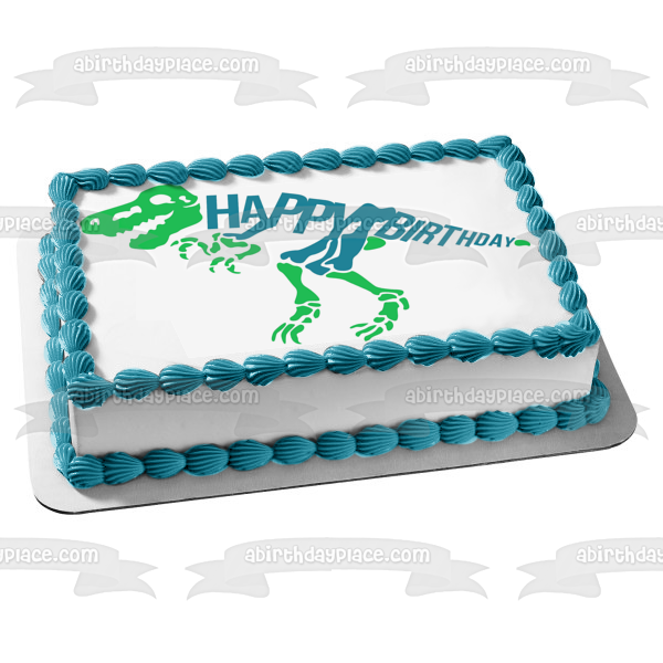Green and Blue Dinosaur Skeleton Happy Birthday Edible Cake Topper Image ABPID50284