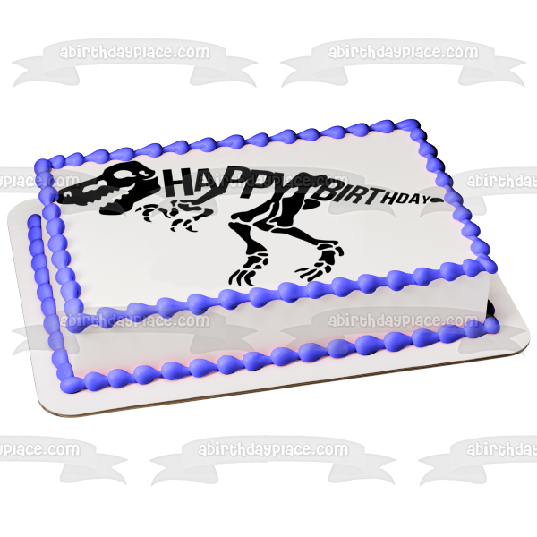Black Dinosaur Skeleton Happy Birthday Edible Cake Topper Image ABPID50285