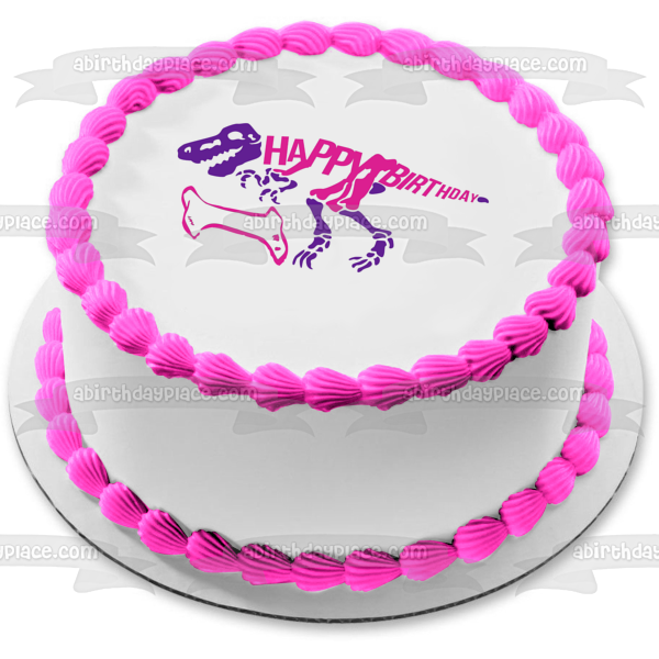 Pink and Purple Dinosaur Skeleton Pink Bone Happy Birthday Edible Cake Topper Image ABPID50287