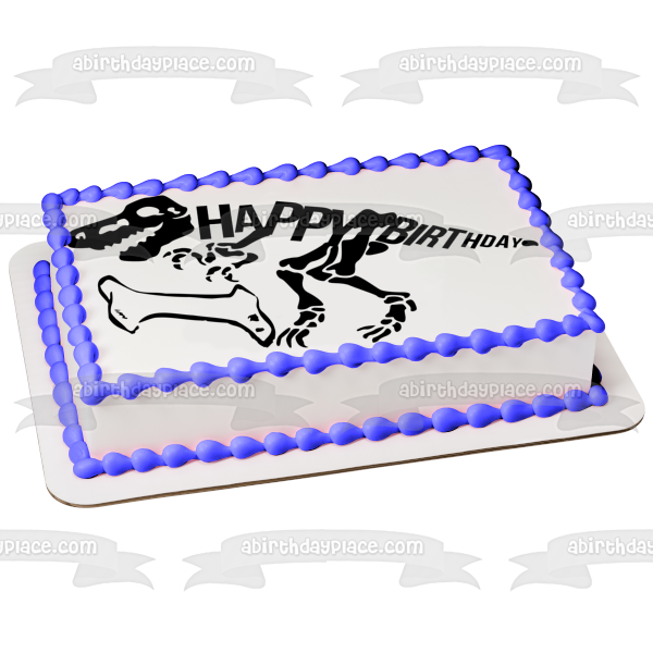 Adorno comestible para tarta con diseño de esqueleto de dinosaurio negro, feliz cumpleaños, hueso negro, imagen ABPID50288 