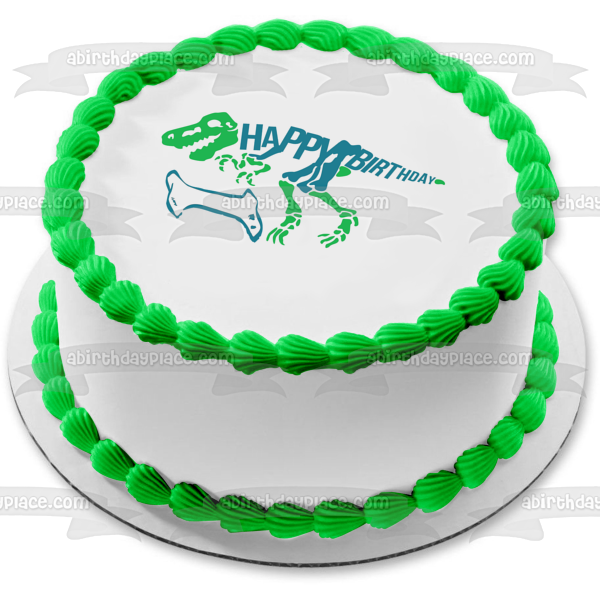 Esqueleto de dinosaurio verde y azul Feliz cumpleaños Hueso azul Adorno comestible para tarta Imagen ABPID50289 