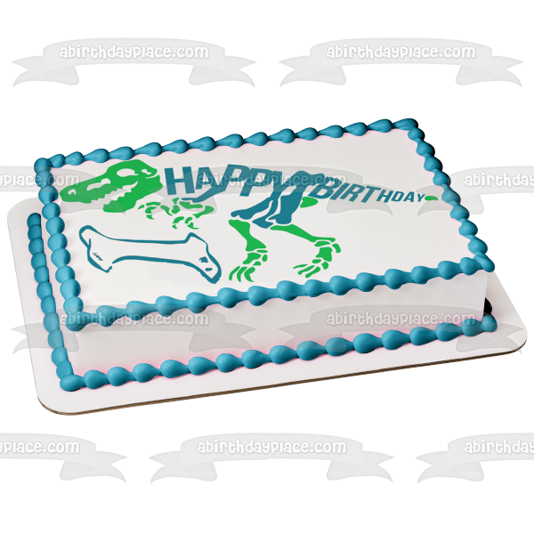 Esqueleto de dinosaurio verde y azul Feliz cumpleaños Hueso azul Adorno comestible para tarta Imagen ABPID50289 