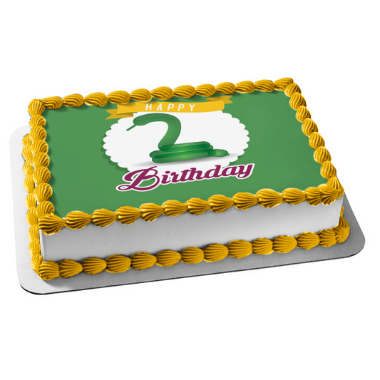 Feliz segundo cumpleaños con tema de serpiente, fondo verde, decoración comestible para tarta, imagen ABPID50295 