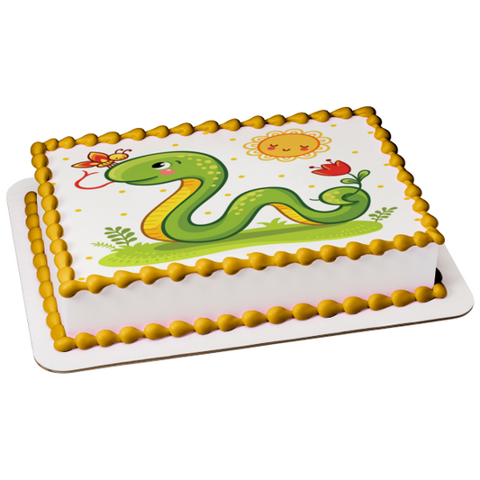 Cartoon Garden Snake Flower Butterfly Sun Edible Cake Topper Image ABPID50296