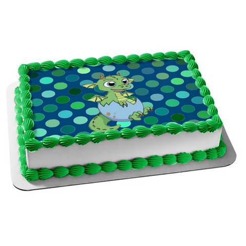 Cartoon Baby Dragon In Egg Polka Dot Background Edible Cake Topper Image ABPID50297