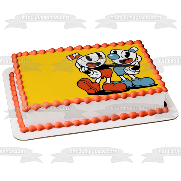 Cuphead and Mugman Yellow Background Edible Cake Topper Image ABPID50305