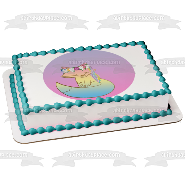 Pastel Glitter Fox Flower Crown Edible Cake Topper Image ABPID50311