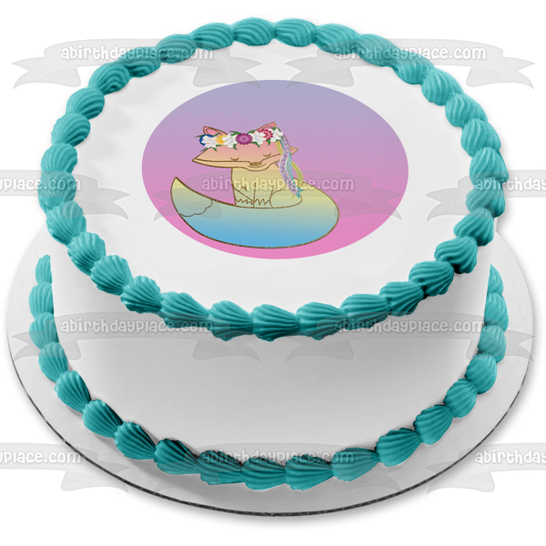 Pastel Glitter Fox Flower Crown Edible Cake Topper Image ABPID50311