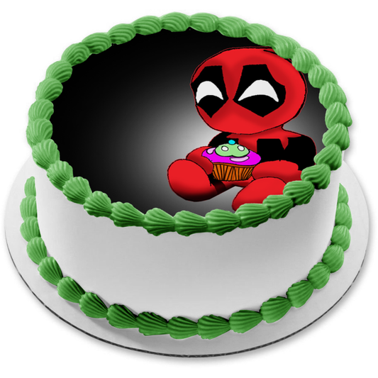 Chibi Deadpool Superhero Cartoon Cupcake Happy Birthday Marvel Edible Cake Topper Image ABPID50314