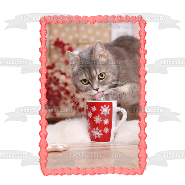 Imagen de adorno comestible para pastel de gato navideño con taza ABPID50468 