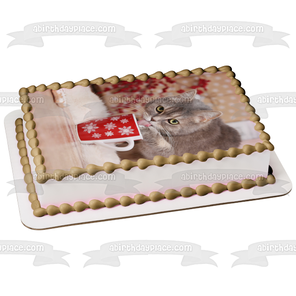 Imagen de adorno comestible para pastel de gato navideño con taza ABPID50468 