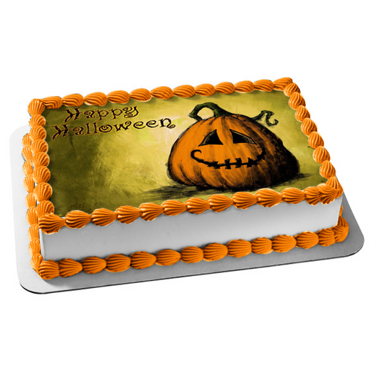 Happy Halloween Pumpkin Jack-O-Lantern Edible Cake Topper Image ABPID50337