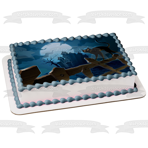 Halloween Haunted House Black Cat Moon Rising Fence Edible Cake Topper Image ABPID50340