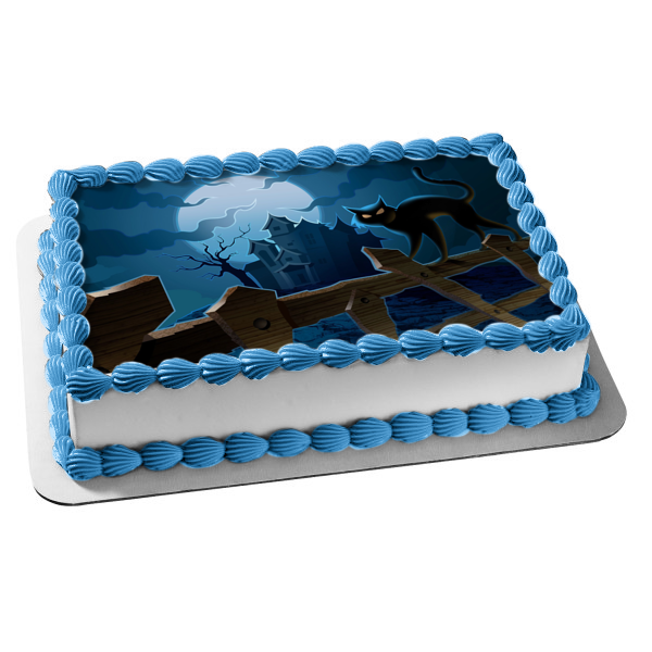 Halloween Haunted House Black Cat Moon Rising Fence Edible Cake Topper Image ABPID50340