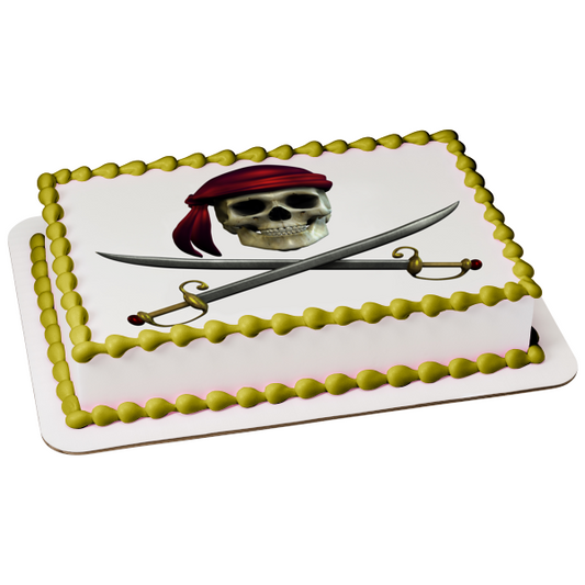 Adorno comestible para tarta con calavera pirata y espadas cruzadas, imagen ABPID50350 