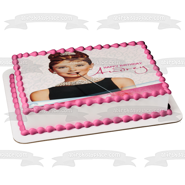 Happy Birthday Audrey Hepburn Breakfast at Tiffany's Edible Cake Topper Image ABPID50513