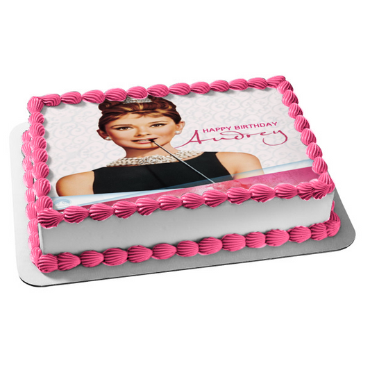 Happy Birthday Audrey Hepburn Breakfast at Tiffany's Edible Cake Topper Image ABPID50513