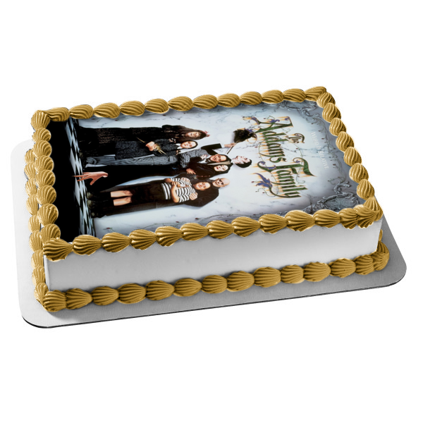 The Addams Family Movie Poster Uncle Fester Morticia Wednesday Gomez Pugsley Lurch Grandmama Edible Cake Topper Image ABPID50371