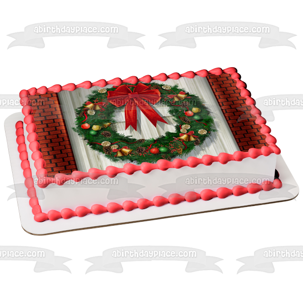 Christmas Wreath Red Bow White Wood Door Brick House Edible Cake Topper Image ABPID50579