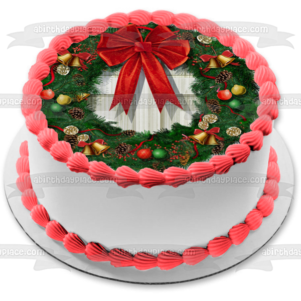 Christmas Wreath Red Bow White Wood Door Brick House Edible Cake Topper Image ABPID50579