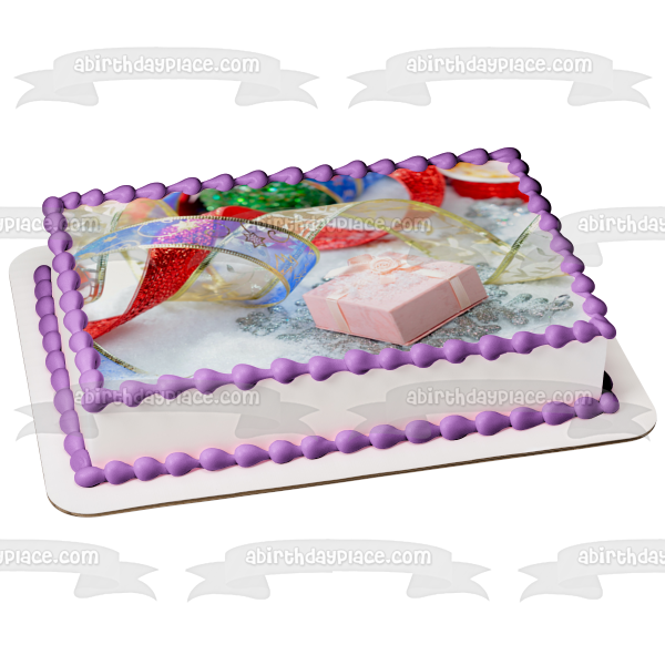 Adorno comestible para tarta con cinta dorada, roja, azul y rosa navideña, imagen ABPID50581 