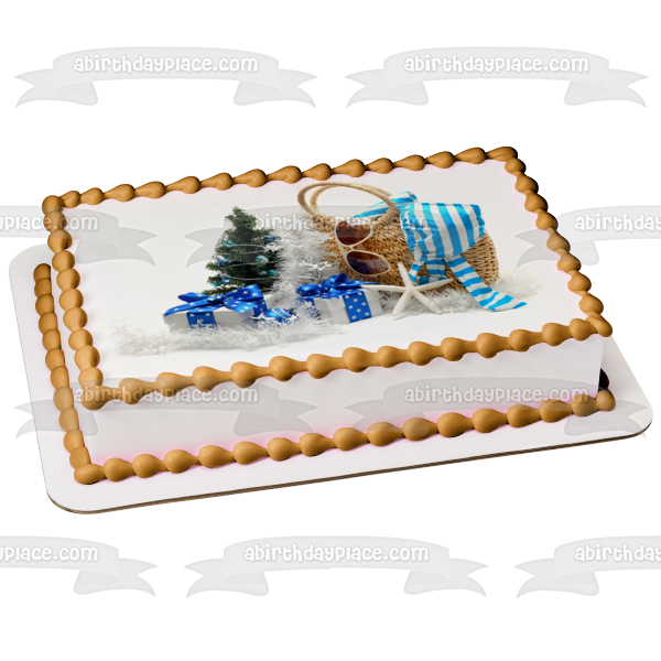 Christmas Tree Presents Beach Bag Sun Glasses Star Fish Edible Cake Topper Image ABPID50588
