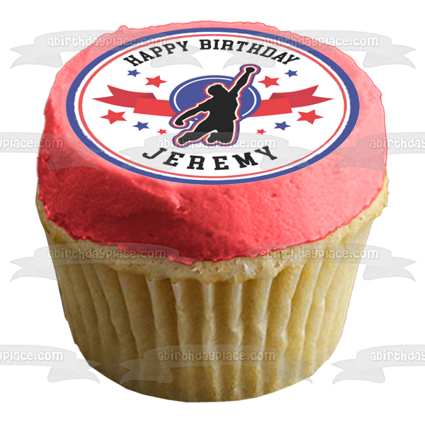 American Ninja Warrior Red White Blue Jumping Figure Stars Border Round Edible Cake Topper Image ABPID50706