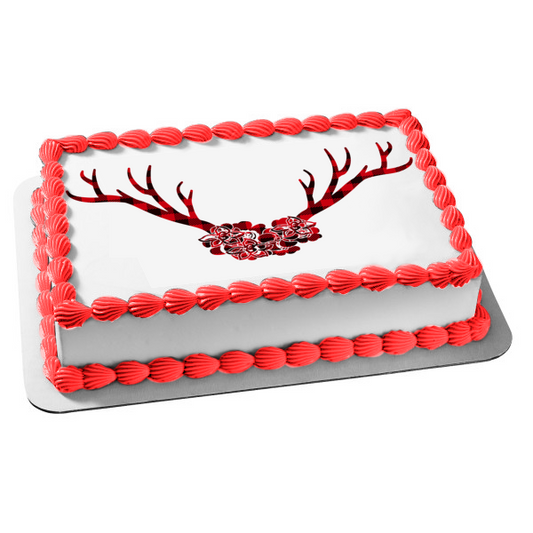 Plaid Deer Antlers Flowers Edible Cake Topper Image ABPID50714