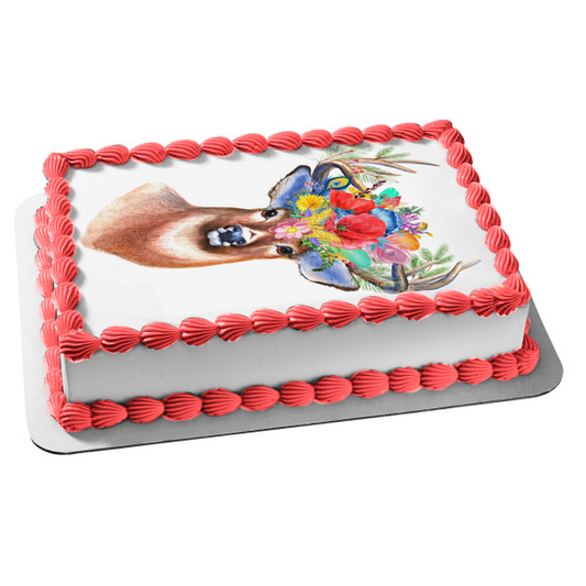 Colorful Deer Flowers Feathers Whimsical Edible Cake Topper Image ABPID50715