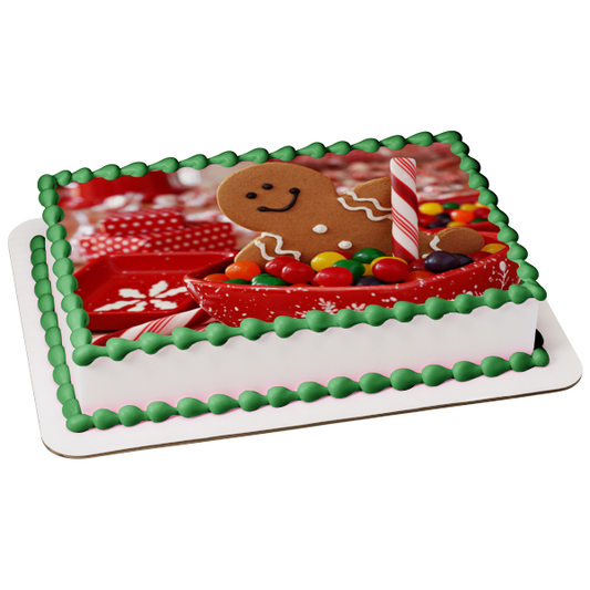 Christmas Gingerbread Man Cookie Jellybeans Bowl Candy Edible Cake Topper Image ABPID50600