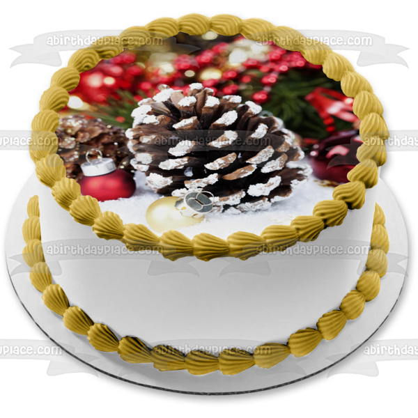 Christmas Pine Cone Ball Ornament Present Edible Cake Topper Image ABPID50605