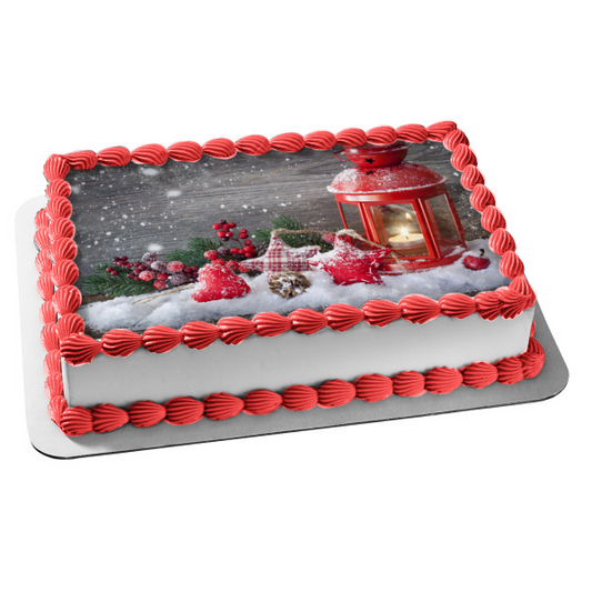 Christmas Candle Lantern Snow Edible Cake Topper Image ABPID50609