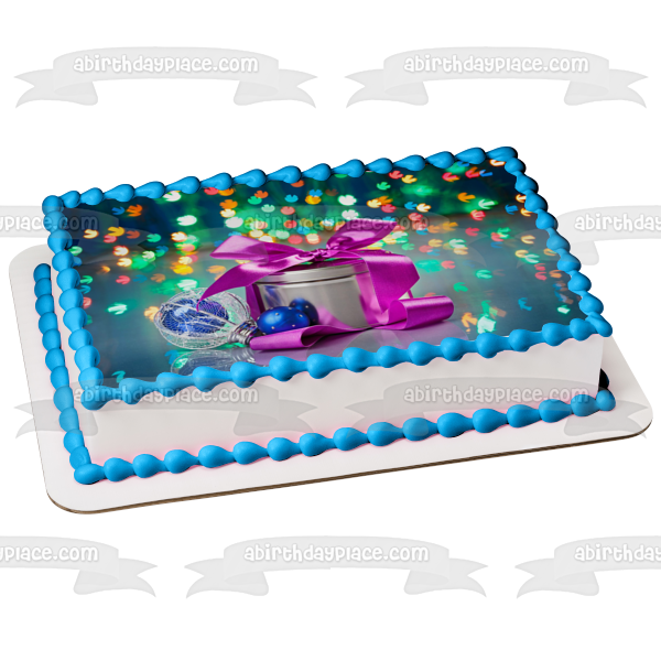 Christmas Present Tin with Purple Bow Edible Cake Topper Image ABPID50610