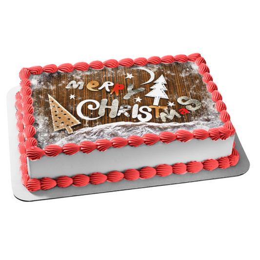 Merry Christmas Stars Christmas Trees Edible Cake Topper Image ABPID50624