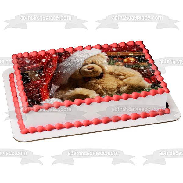 Teddy Bear Christmas Hat Snow Edible Cake Topper Image ABPID50626