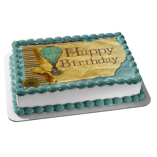Steampunk Airtravel Gears Whimsical Birthday Wishes Edible Cake Topper Image ABPID50743