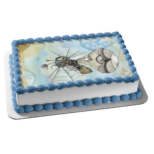 Steampunk Airtravel Gears Whimsical Blue Tan Whimsical Edible Cake Topper Image ABPID50744