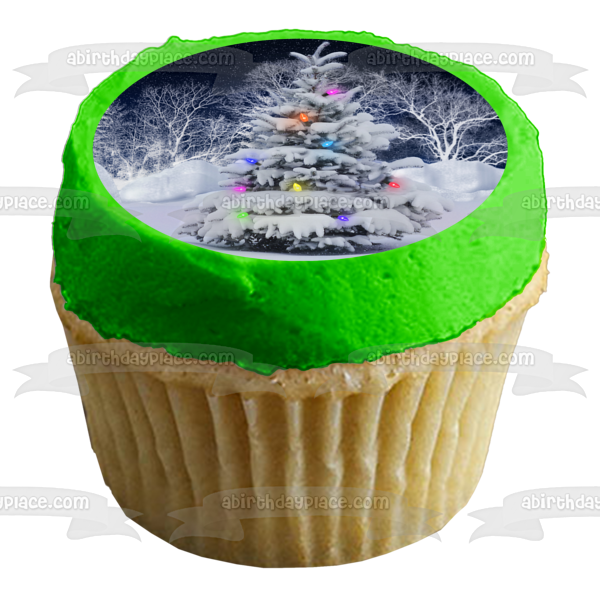 Christmas Tree Snow Christmas Lights Edible Cake Topper Image ABPID50634