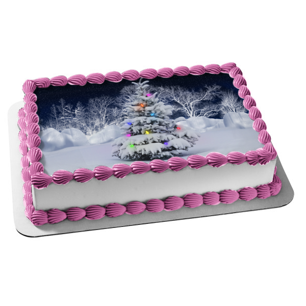 Christmas Tree Snow Christmas Lights Edible Cake Topper Image ABPID50634