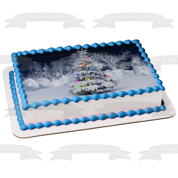 Christmas Tree Snow Christmas Lights Edible Cake Topper Image ABPID50634