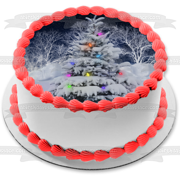 Christmas Tree Snow Christmas Lights Edible Cake Topper Image ABPID50634