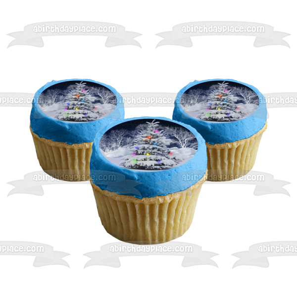 Christmas Tree Snow Christmas Lights Edible Cake Topper Image ABPID50634