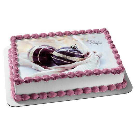 Merry Christmas Snow Ball Ornaments Purple Gold Glitter Edible Cake Topper Image ABPID50636