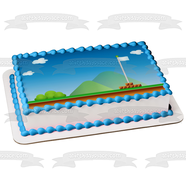 Mario Flag Background Winning Round Personalize with Your Name Edible Cake Topper Image ABPID50642
